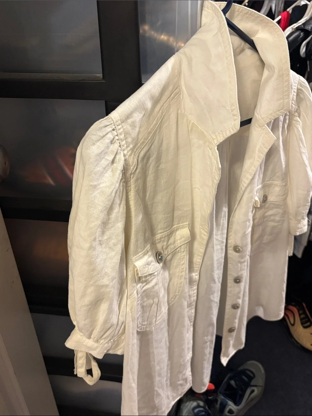 Free People Cream Button-Front Puff Sleeve Blouse